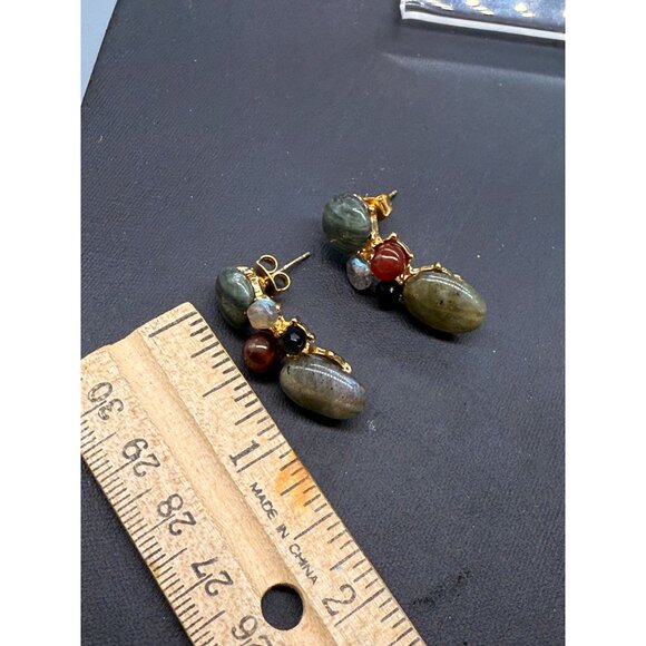 Multicolor Stones Beaded Crystal Cluster Dangle Drop Earrings Boho Gold Tone - Picture 5 of 5